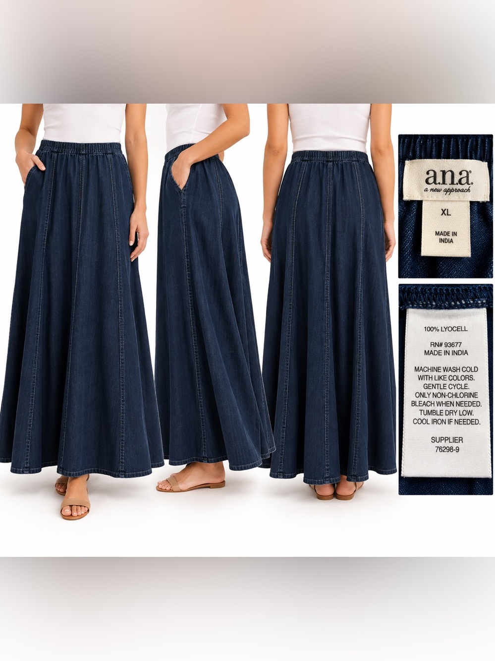 A.N.A New Approach XL Dark Wash Lyocell Denim Maxi Skirt Elastic Waist